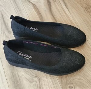 Skechers Cleo's Womens Flex Wedge Flip-Side Flata Black Stretch Size 8- New